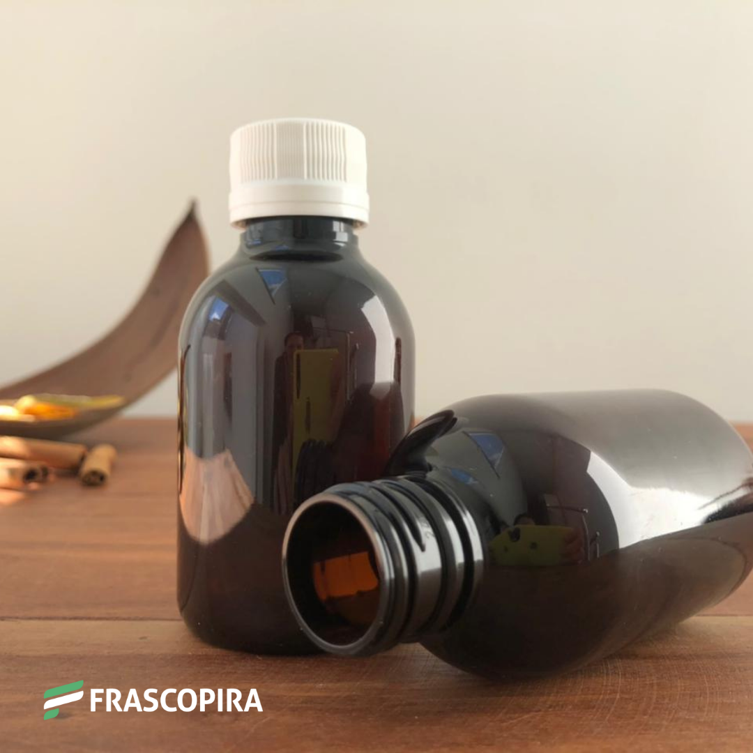 Frasco Pet Âmbar 100ml com tampa lacre 24mm branca
