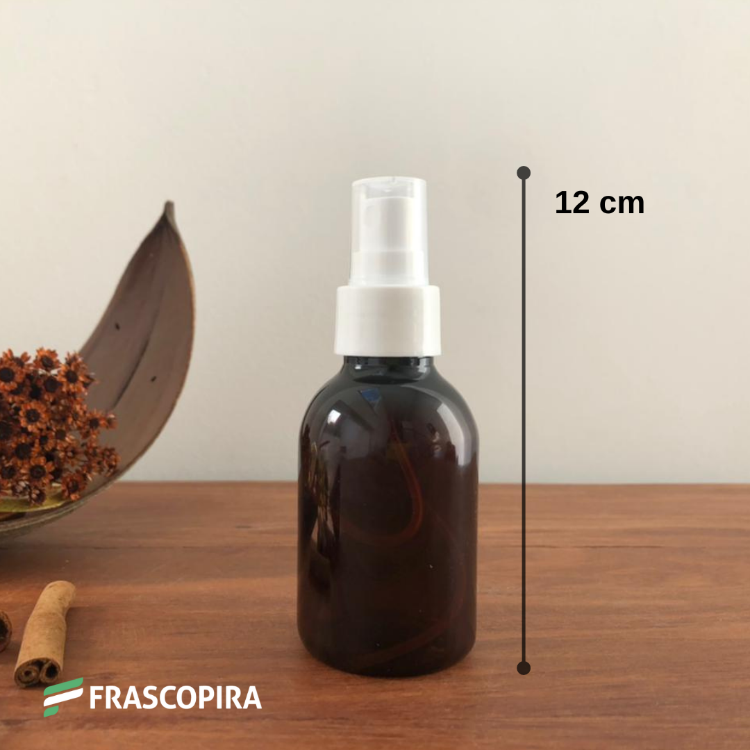 Frasco Pet Âmbar 100ml com válvula spray 24mm branca