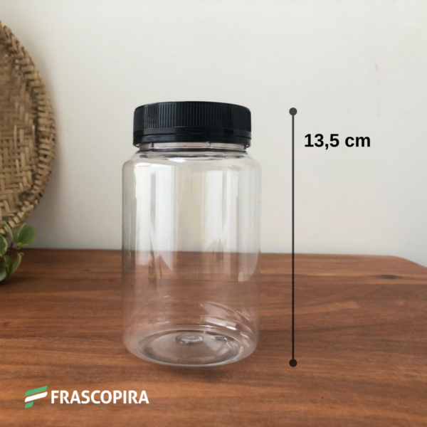 5 Potes PET 500g com tampa lacre preta