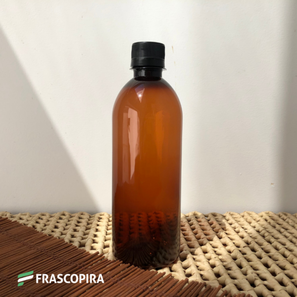 Frasco Pet Âmbar 500ml com tampa lacre preta