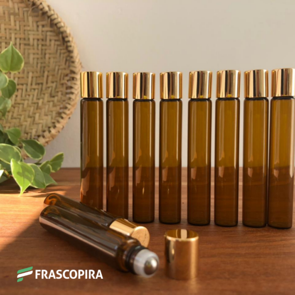 Vidro Roll-on Âmbar 10ml com tampa dourada