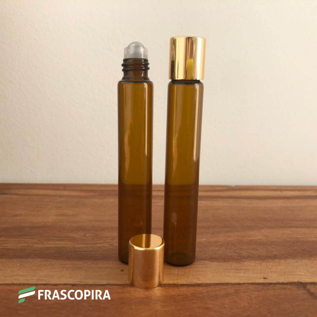 Vidro Roll-on Âmbar 10ml com tampa dourada