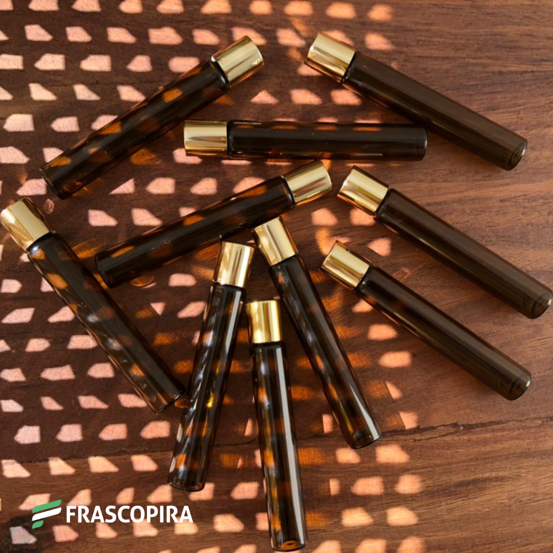 Vidro Roll-on Âmbar 10ml com tampa dourada