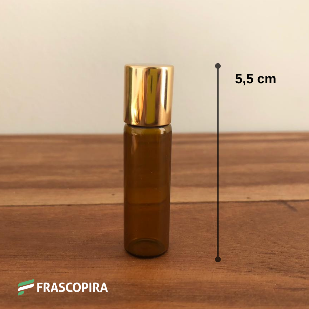 Vidro Âmbar Roll-on 5 ml com tampa dourada