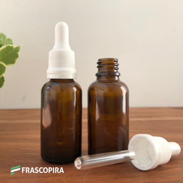 10 Vidros Âmbar 30ml conta gotas com tampa lacre e bulbo BRANCO