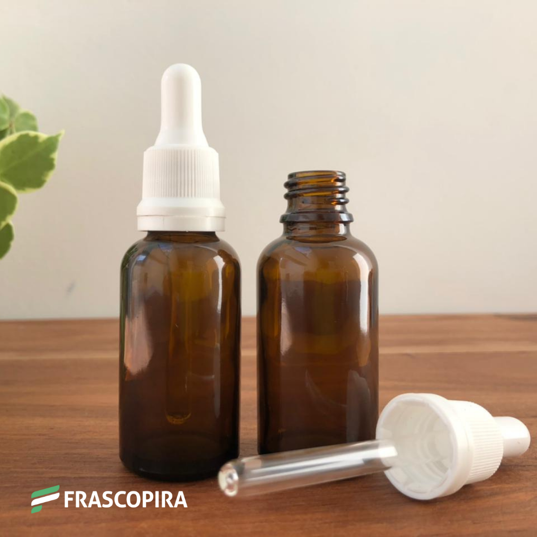 10 Vidros Âmbar 30ml conta gotas com tampa lacre e bulbo BRANCO