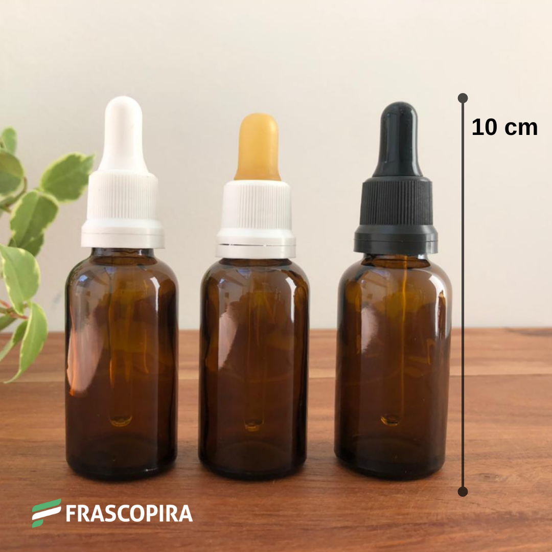 10 Vidros Âmbar 30ml conta gotas com tampa lacre e bulbo BRANCO