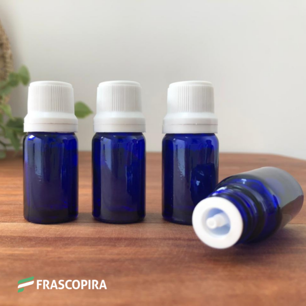 Frasco de Vidro Azul 10ml com gotejador e tampa branca