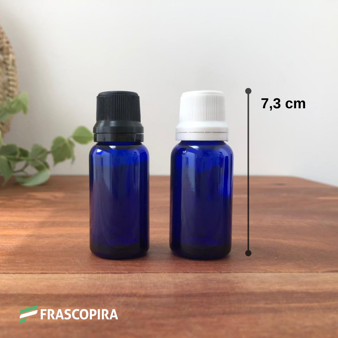 Frasco de Vidro Azul 20ml com gotejador e tampa preta