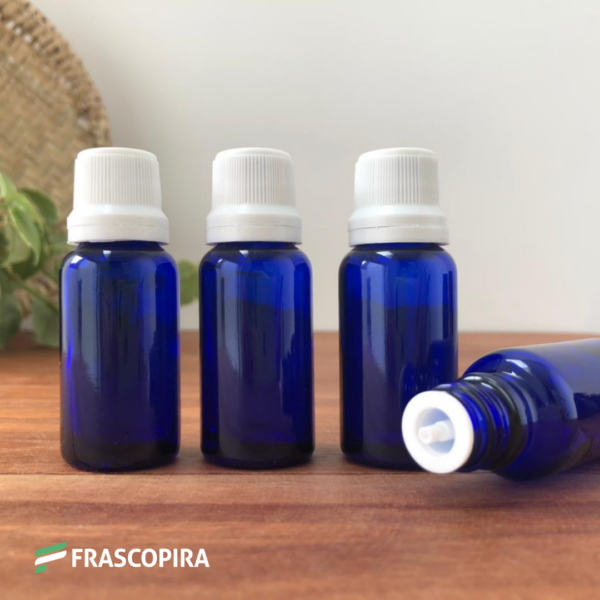 Frasco de Vidro Azul 20ml com gotejador e tampa lacre branca