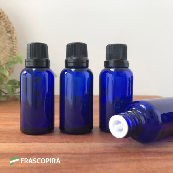 Frasco de Vidro Azul 20ml com gotejador e tampa preta