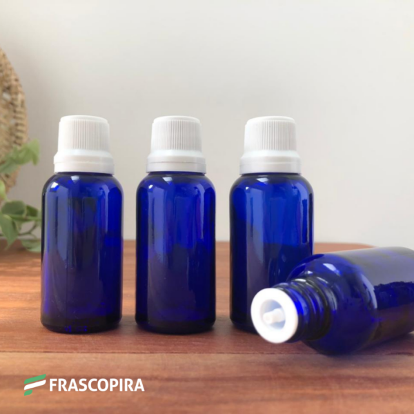 Frasco de Vidro Azul 30ml com gotejador e tampa branca