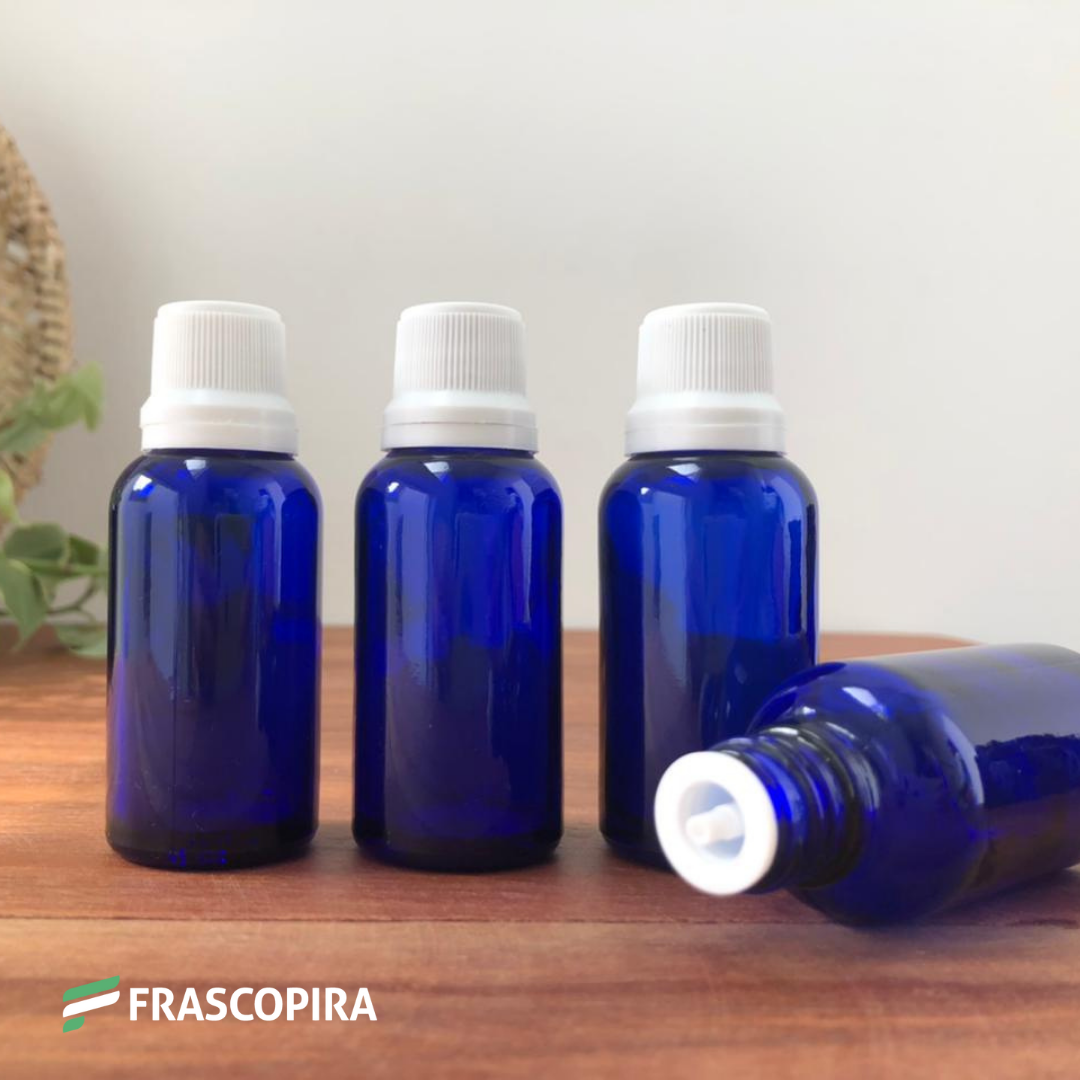 Frasco de Vidro Azul 30ml com gotejador e tampa branca