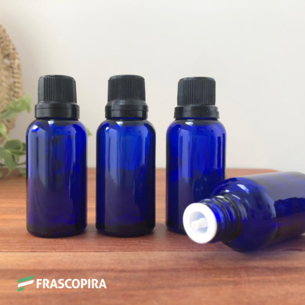 Frasco de Vidro Azul 30ml com gotejador e tampa preta