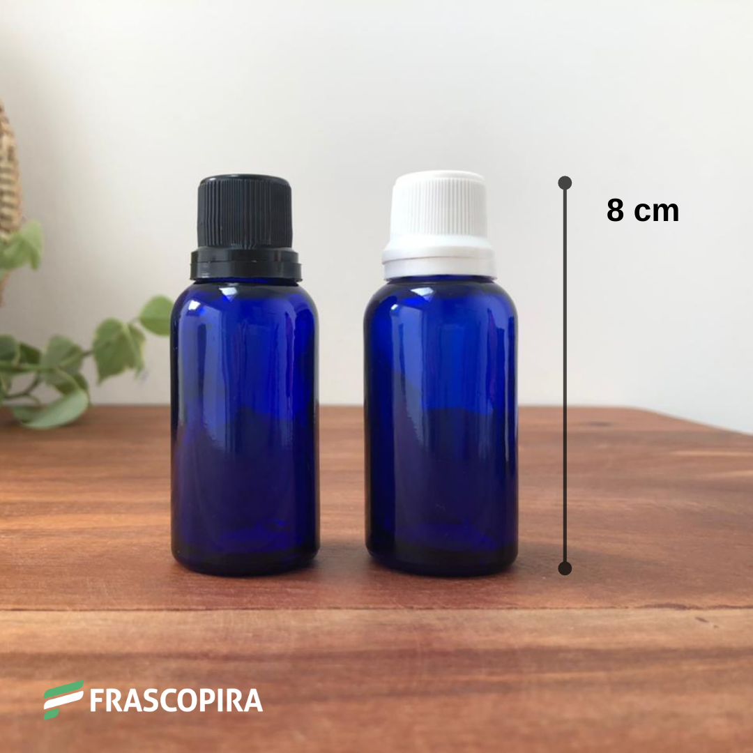 Frasco de Vidro Azul 30ml com gotejador e tampa branca