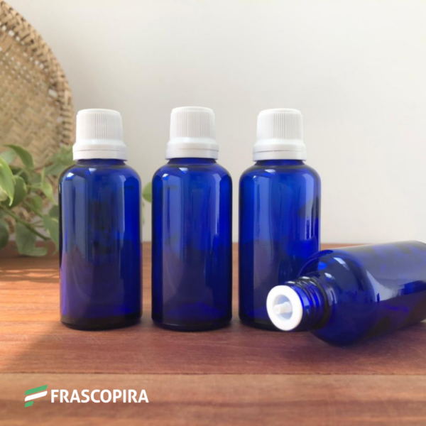 Frasco de Vidro Azul 50ml com gotejador e tampa branca