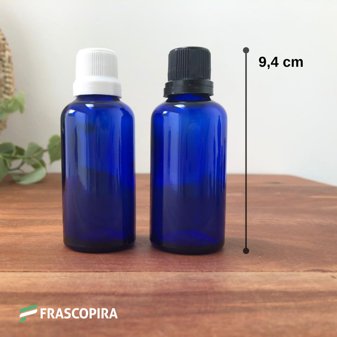 Frasco de Vidro Azul 50ml com gotejador e tampa branca