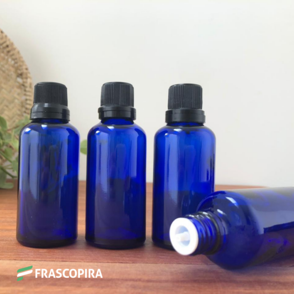 Frasco de Vidro Azul 50ml com gotejador e tampa preta