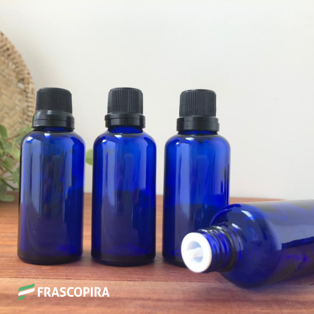 Frasco de Vidro Azul 50ml com gotejador e tampa preta