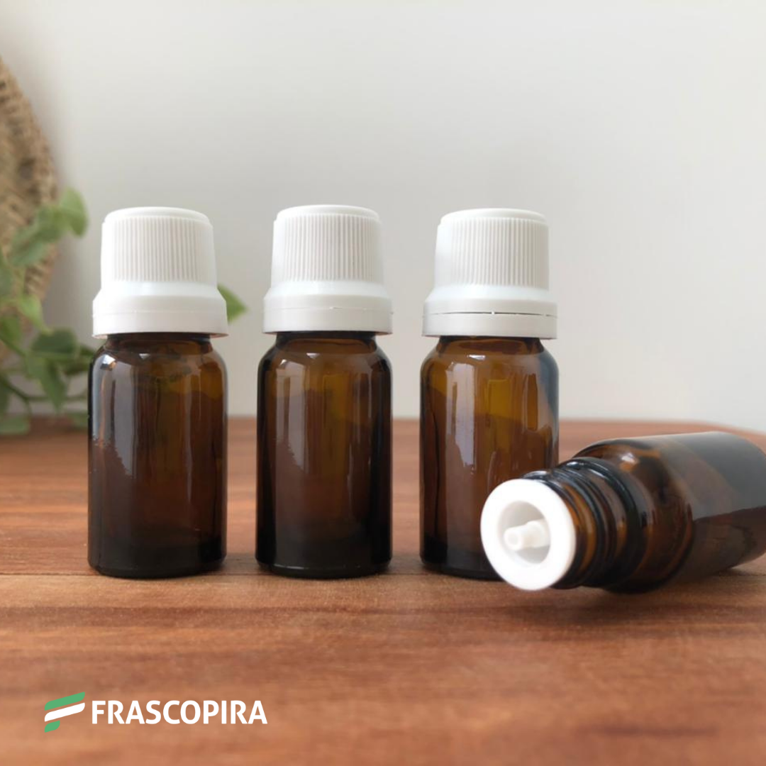 10 Vidros Âmbar 10ml com gotejador e tampa lacre BRANCA