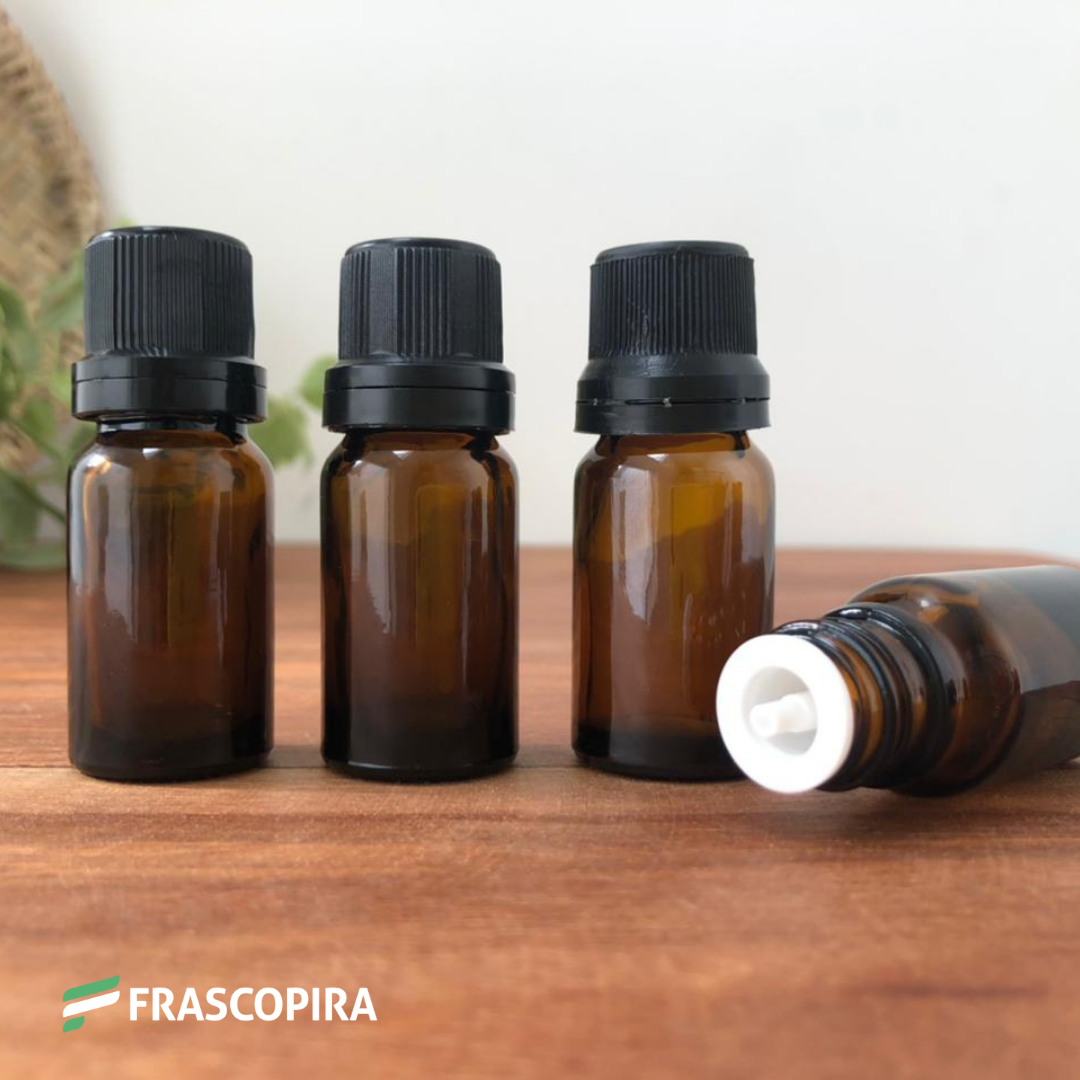 10 Vidros Âmbar 10ml com gotejador e tampa lacre PRETA