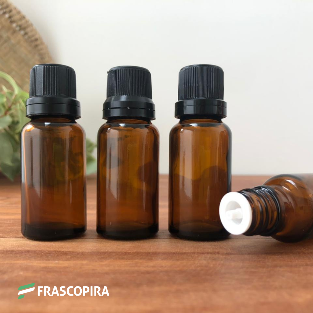 10 Vidros âmbar 20ml com gotejador e tampa lacre Preta